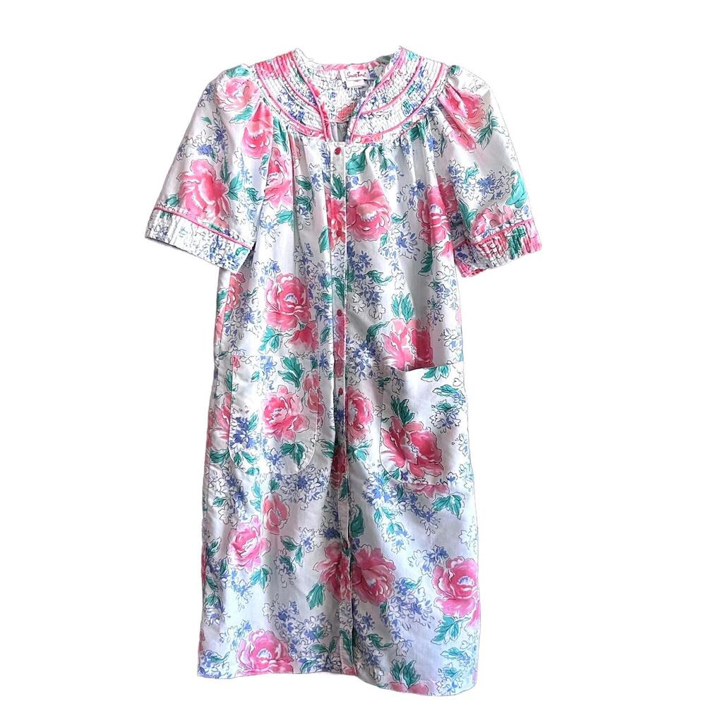 Smart Time Vintage 1960s Pink Floral Housecoat Dress Size M Retro Cottage